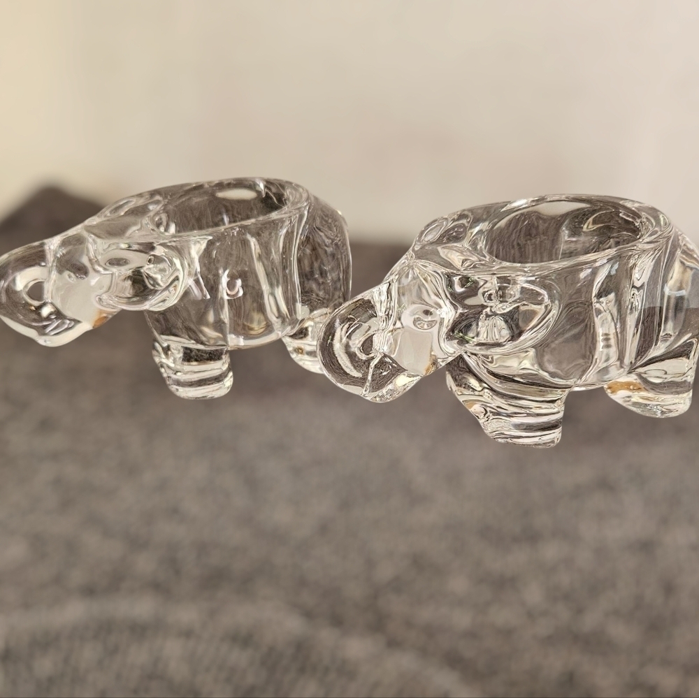 Vintage Matching Pair of Elephant Form Heavy Art Glass Tea Light Candle Holders 
